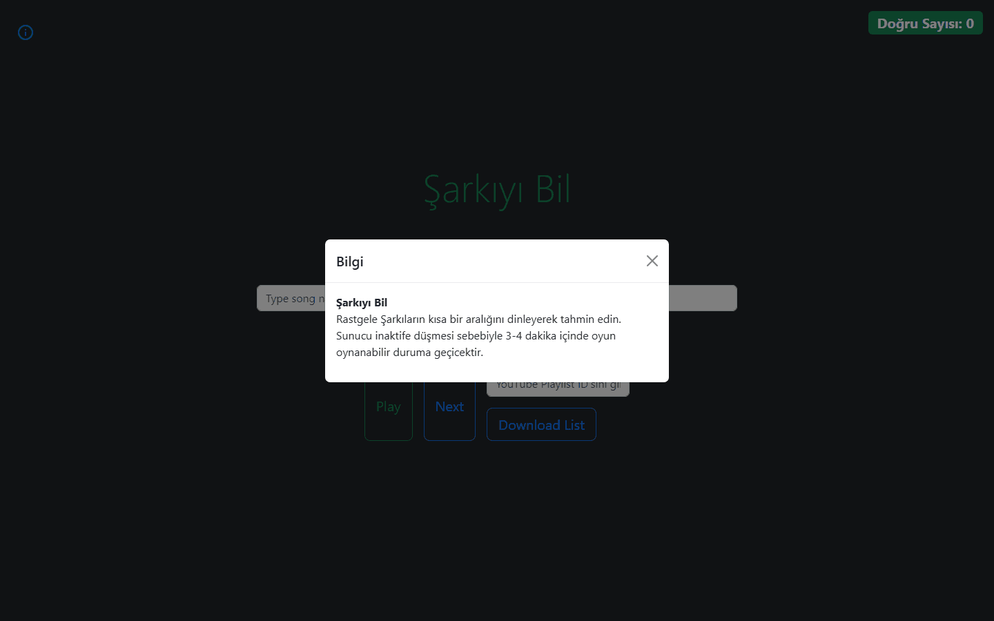 Müzik tahmin oyunu web arayüzü
