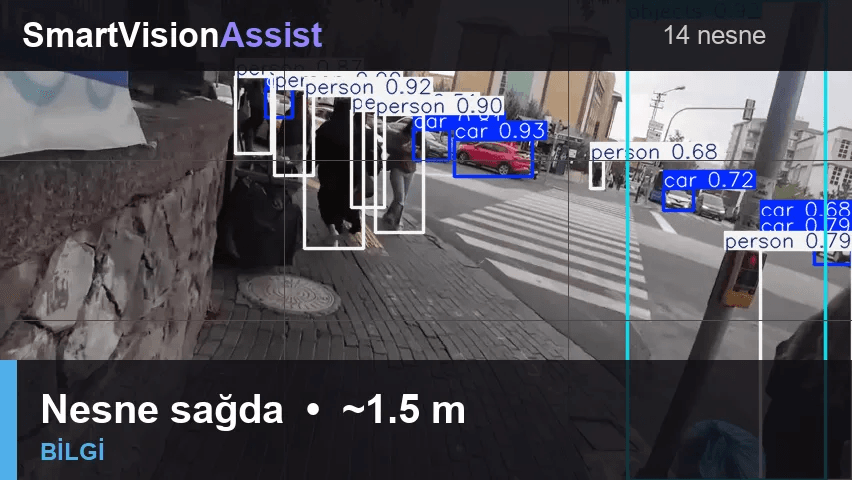 SmartVisionAssist yaya ve araç algılama sahnesi